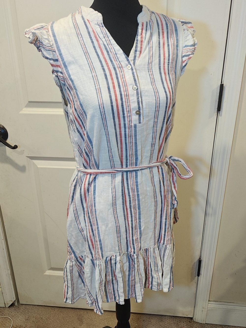 Draper James White Midi Dress with Navy and Red Stripes